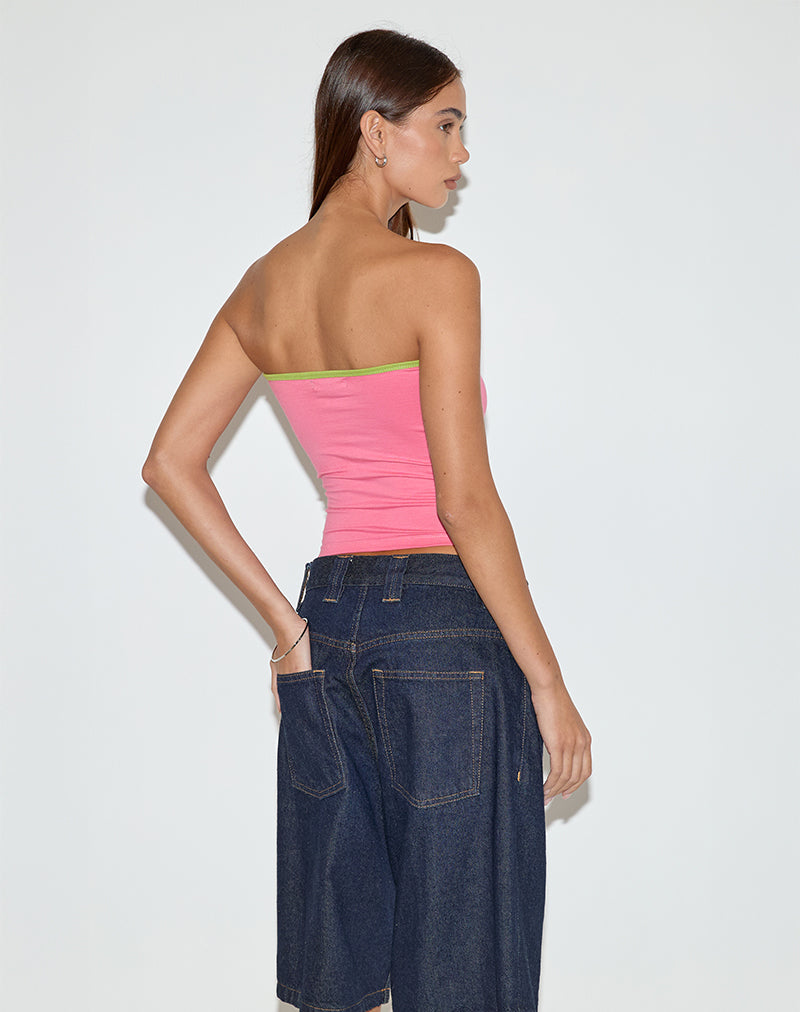 Tiria Cutout Bandeau Top in Bubble Gum with Leaf Green Binding
