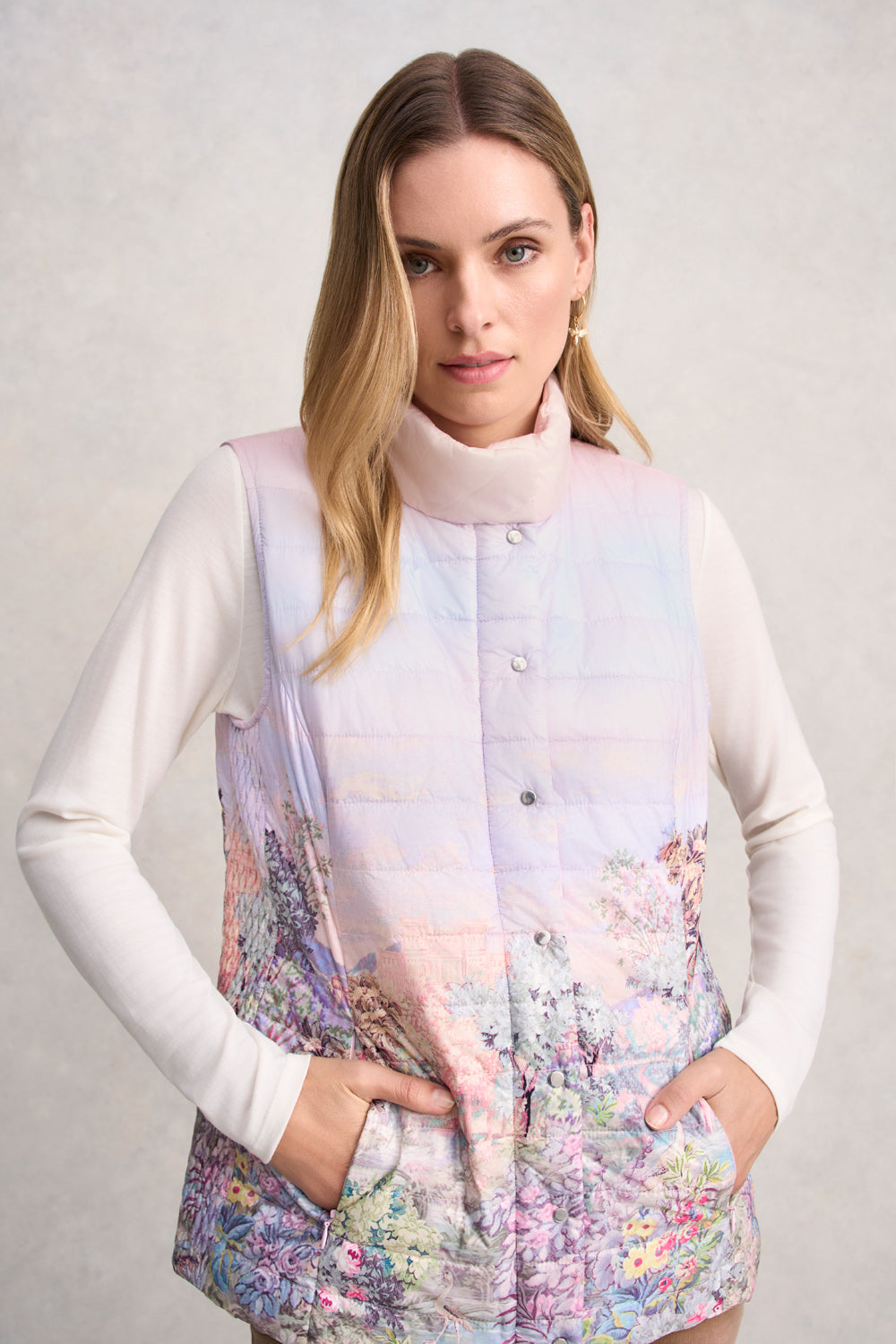 Quilted Reversible Puffer Vest - Scenic Sunset Print