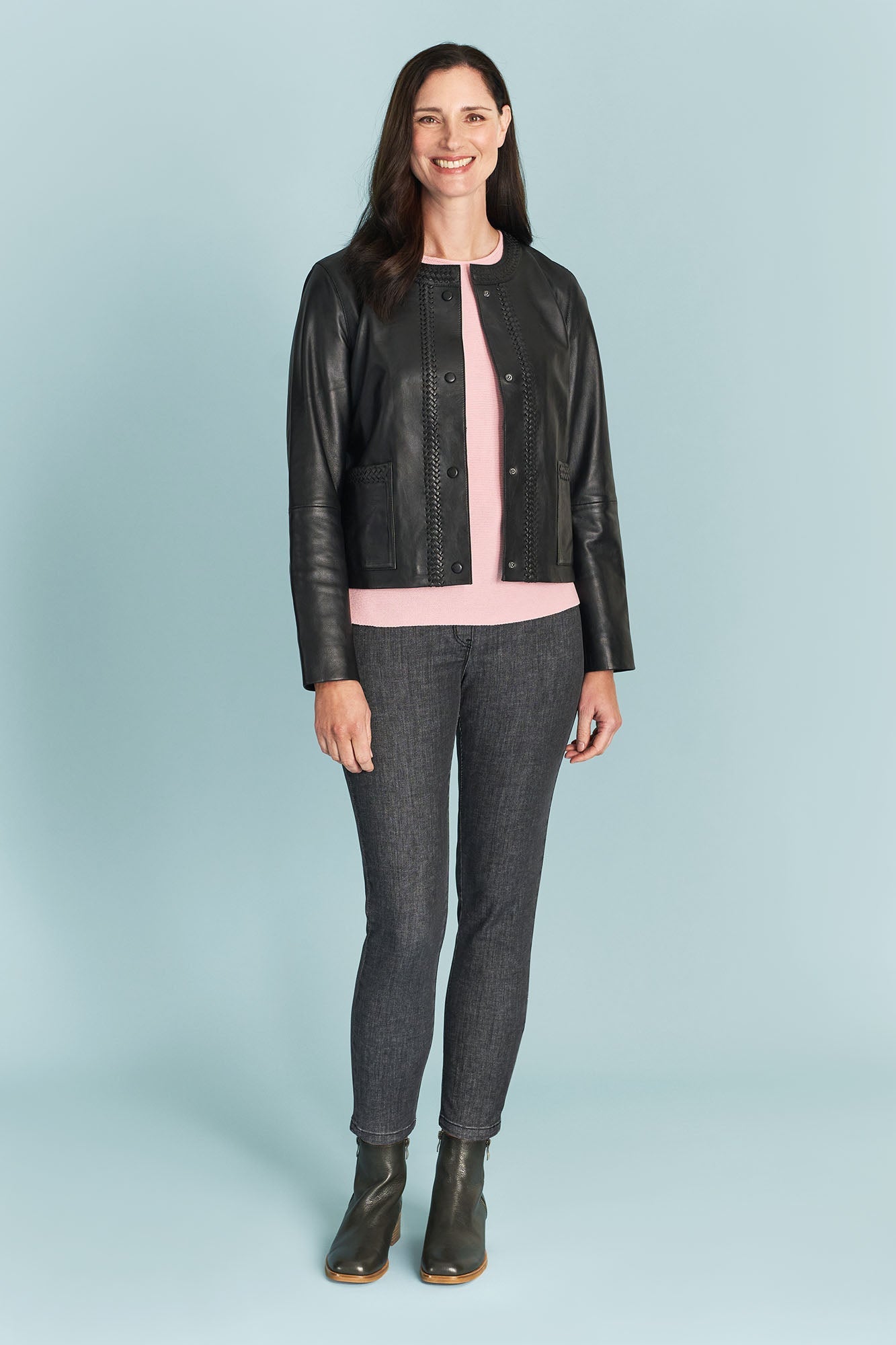 Braid Detail Leather Jacket - Black