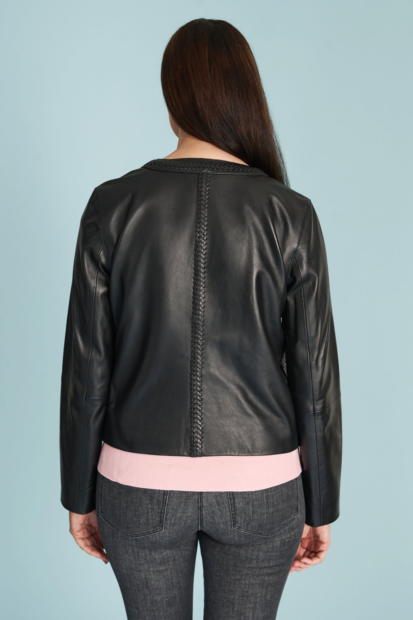Braid Detail Leather Jacket - Black