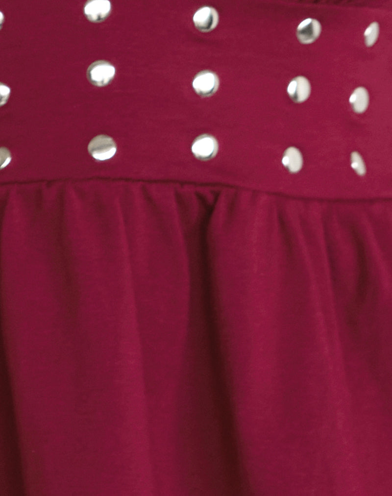 Leisma Frill Top in Jersey Burgundy with Studs