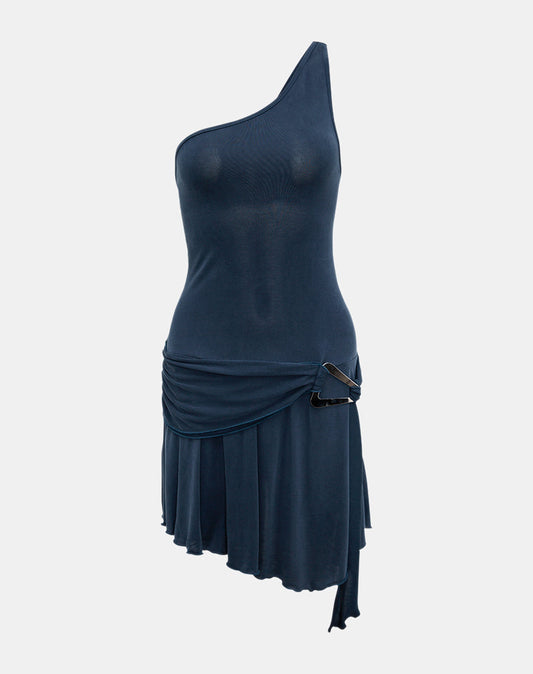 Roshni Asymmetric Mini Dress in Ocean Storm
